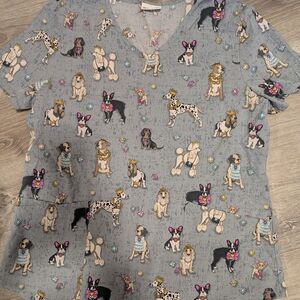 Scrubstar Gray Scrub Top with Dog and Jewel Print